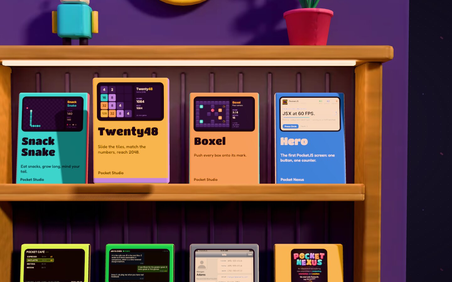 Game cases standing on a wooden rack.